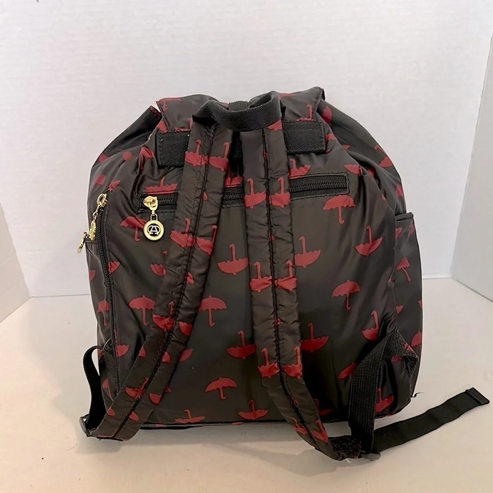 Anna Christina Firenze Red and Black umbrella Patterned Backpack EUC